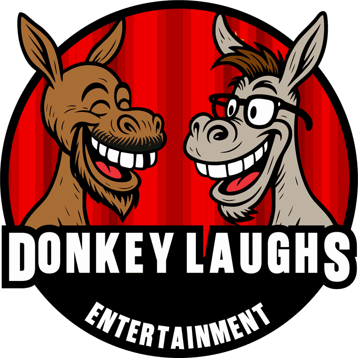 Donkey Laughs Entertainment logo: two laughing donkeys in front of a red curtain